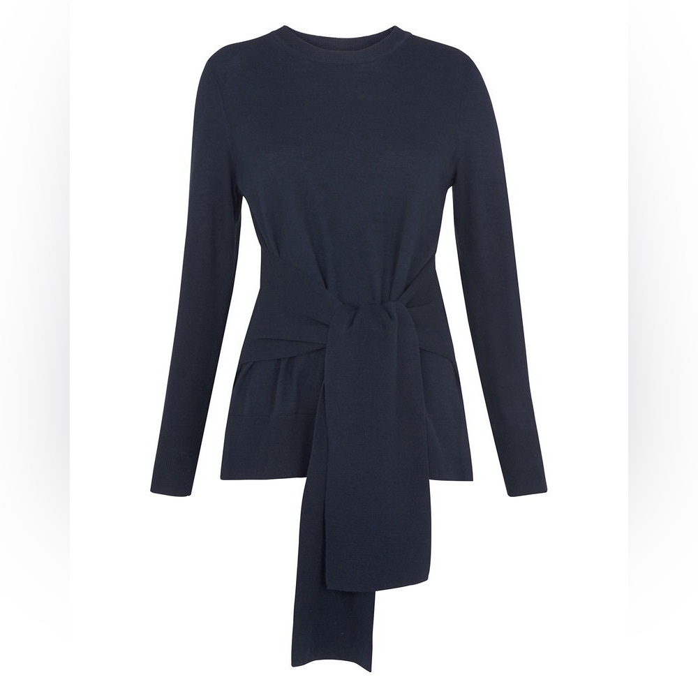 Whistles Navy Tie-Waist Wool & Cotton Crew Neck Sweater Size Small